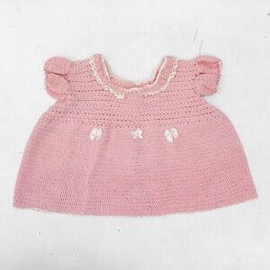 Vintage Handmade Pink Crochet Baby Dress 3-6M Bows Pearl Accents Heart‎ Buttons